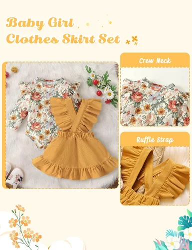Miniatura 5 de ATEUNO Newborn Baby Girl Clothes Long Sleeve Floral Romper Tops Ruffle Suspender Skirt Set Infant Overall Dress Fall Outfits