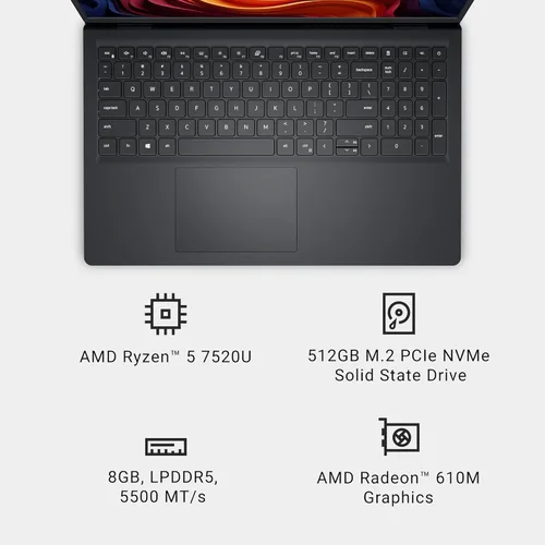 Miniatura 9 de Dell 15 portátil DC15255 - pantalla FHD de 15,6 pulgadas y 120 Hz, AMD Ryzen 5-7520U, 8 GB de RAM LPDDR5, SSD de 512 GB, gráficos AMD Radeon 610M