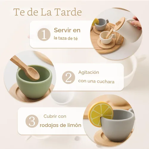 Miniatura 5 de Encantador Juego de Fiesta de Té de Madera - Tetera de Silicona, Tazas y Cuchara Recolectora - Perfecto para Fiestas de Té de Niñas Pequeñas y Juego