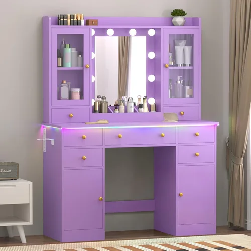 Miniatura 21 de Escritorio de maquillaje con espejo y luces, tocador negro de 43 pulgadas con parte superior de cristal, almacenamiento de joyas, 3 cajones