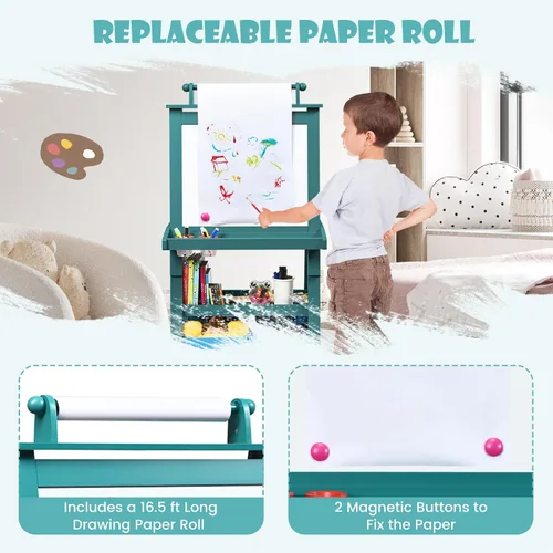 Miniatura 5 de Caballete de arte HONEY JOY para niños, caballete doble de 3 en 1 para niños pequeños de madera con pizarra blanca magnética y pizarra, rollo