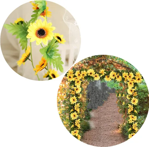 Miniatura 2 de 2 guirnaldas artificiales de girasol, vid de girasol con hojas, guirnalda colgante con hojas verdes, arco de flores falsas para exteriores, arreglo