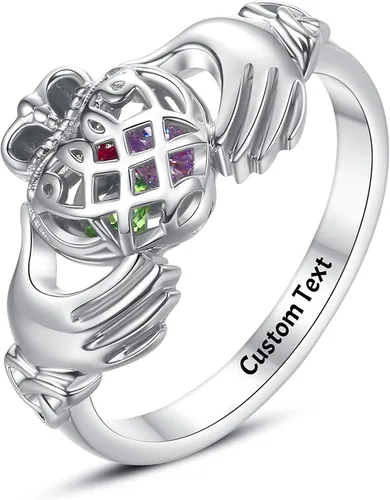 ROWAWA Claddagh Anillo de plata de ley 925 con piedra de nacimiento anillos enjaulados corazón anillos personalizados grabados para niñas y mujeres