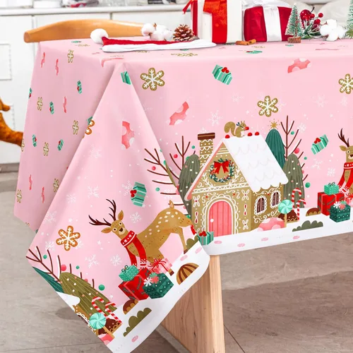 Miniatura 2 de Mantel de Navidad Rosa de 60 x 104 Pulgadas Casa de Jengibre Reno Cubierta de Mesa Rectangular Mantel de Mesa para Navidad Hogar Granja Picnic Cena