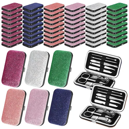 Juego de 60 manicura a granel, 8 en 1 de acero inoxidable cortaúñas con estuche, regalos de agradecimiento para la semana de la enfermera, día de la