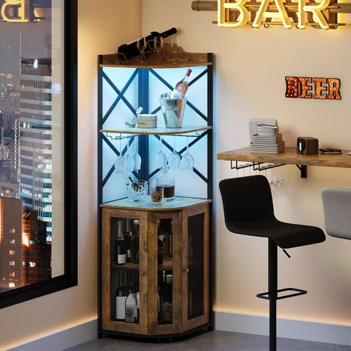 Miniatura 8 de JKsmart - Gabinete de esquina para barra con luces LED, gabinete de barra de vino industrial de 5 niveles con soporte para vasos, gabinetes de licor