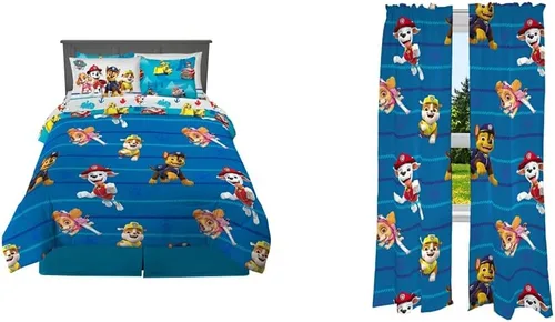 Franco Juego de edredón y sábanas súper suaves con funda para niños, 7 piezas, tamaño matrimonial, Paw Patrol y cortinas para habitación de niños,