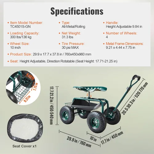 Miniatura 7 de VEVOR - Carro de jardín con asiento de trabajo rodante con ruedas, taburete de jardinería para plantación, asiento giratorio de 360 grados, vagón