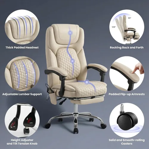 Miniatura 9 de MALOL Silla de oficina de masaje grande y alta de 300 libras, calefacción dirigida de 3 niveles a 149.0 °F, silla de escritorio de cuero de fácil