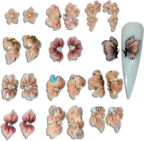 Miniatura 4 de Abalorios de uñas de flores en 3D de acrílico otoño, hechos a mano con polvo acrílico - Kit de 24 piezas de flores, diamantes de imitación