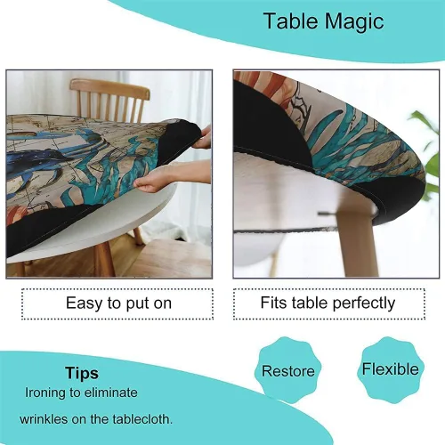 Miniatura 3 de Mantel ajustable con temática náutica con diseño de cangrejo, mapa de vida costero azul del océano, borde elástico, cubierta impermeable y lavable