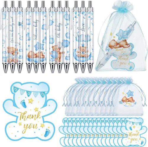 Miniatura 7 de Chuangdi 50 juegos de regalos de baby shower para invitados, incluye 50 bolígrafos, tarjetas de agradecimiento y bolsas de organza, Abeja