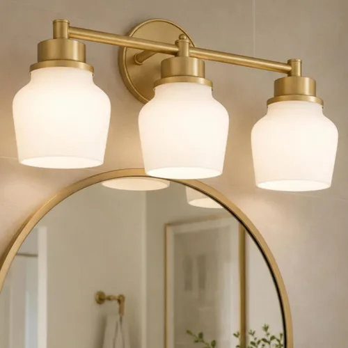Lámpara de tocador dorada Emak con pantalla de vidrio lechoso, accesorios modernos de iluminación de baño sobre espejo, 3 luces de tocador de baño