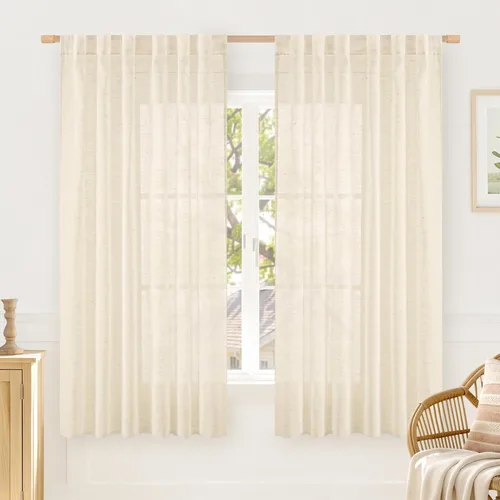 Miniatura 63 de LAMIT Cortinas de lino beige de 30 pulgadas de largo para ventanas pequeñas, cortinas semitransparentes filtrantes de luz, pestaña trasera