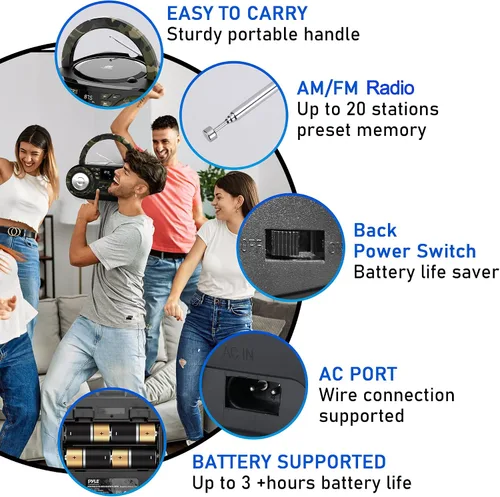 Miniatura 3 de Pyle Reproductor de CD portátil Bluetooth Boombox altavoz – Radio estéreo AM/FM y sonido de audio, compatible con CD-R-RW/MP3/WMA, USB, AUX
