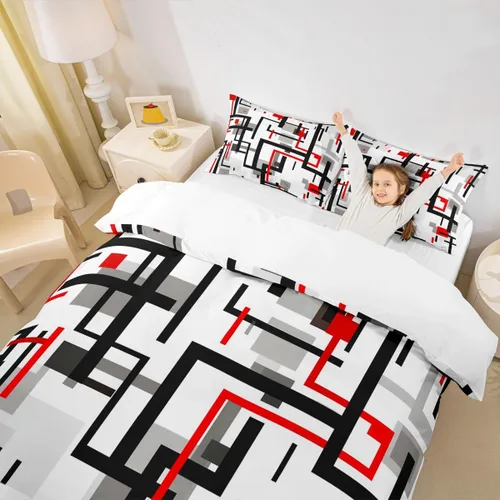 Miniatura 3 de Juego de ropa de cama de líneas negras, rojas y grises, tamaño individual para habitación de niños y niños, juego de funda de edredón con costuras
