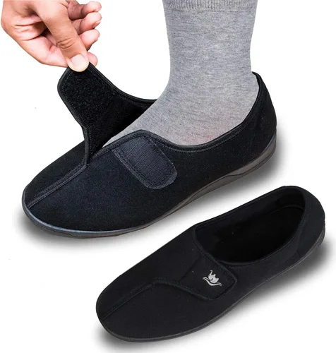 Miniatura 5 de Pantuflas anchas de espuma viscoelástica 80-D con cierre ajustable para hombre, cómodas y cálidas, de forro polar, artritis, edema, cierre