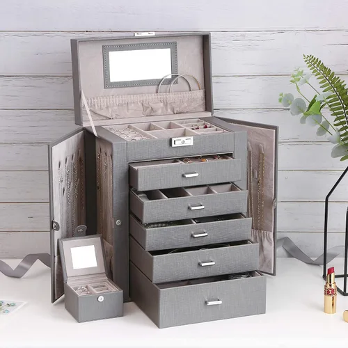 Miniatura 7 de ANWBROAD Caja de joyería grande de 6 niveles organizador de joyas con cerradura de espejo caja de joyería para niñas aretes anillos collares