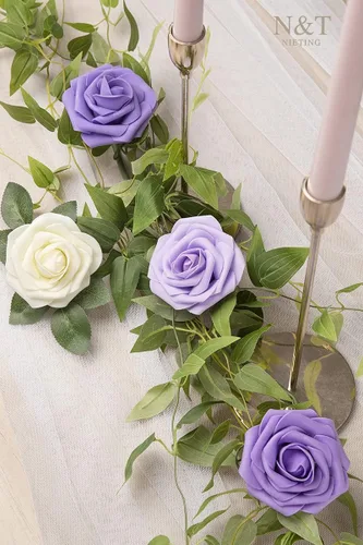 Miniatura 291 de N&T NIETING Flores artificiales, rosas artificiales de color rosa intenso, 50 piezas de flores falsas con tallo para ramos de boda DIY, centros