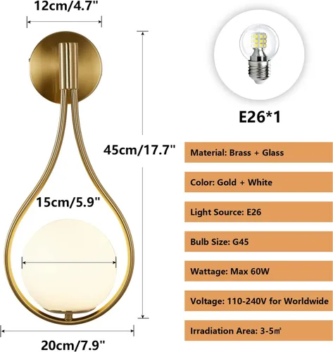 Miniatura 2 de KCO Lighting - Aplique de pared con diseño de gota de mediados de siglo, lámpara de pared de latón cepillado, lámpara de montaje en pared