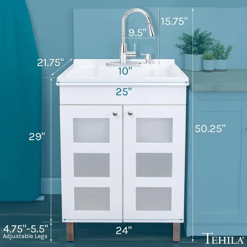 Miniatura 2 de JS Jackson Supplies, fregadero utilitario con gabinete de tocador blanco, grifo rociador desplegable de arco alto, dispensador de jabón y tocador