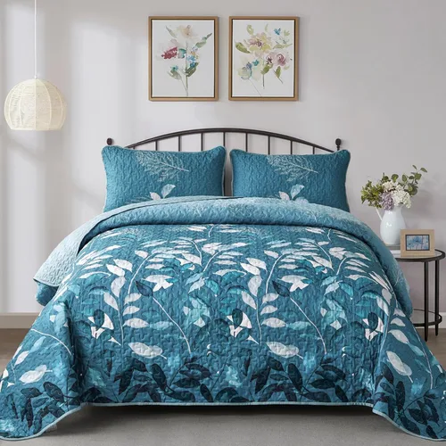 Miniatura 11 de WONGS BEDDING Juego de edredón floral tamaño Queen, 3 piezas, colcha con hojas botánicas en color agua, juego de edredón con 2 fundas de almohada