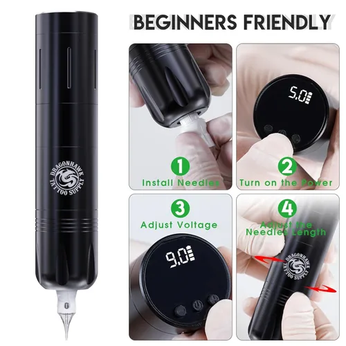 Miniatura 9 de Dragonhawk X3 Pro - Kit de pistola de tatuaje inalámbrica con 2 baterías Rca reemplazables, 20 agujas Pro, suministros completos para principiantes