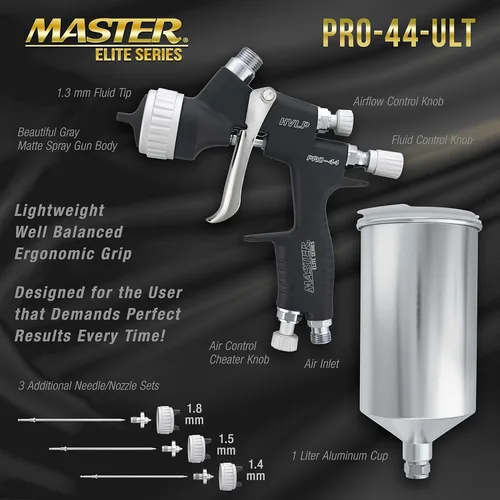 Miniatura 3 de Master Pro 44 Series - Pistola de pulverización HVLP de alto rendimiento con punta de 0.051 pulgadas con regulador de presión de aire, ideal