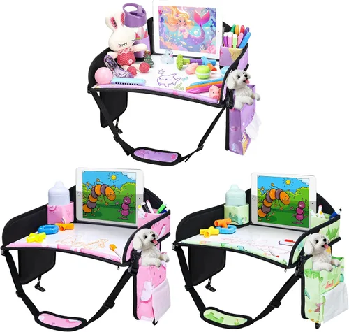 Miniatura 21 de 2 piezas Bandeja de viaje para niños, bandeja para asiento de coche para niños Viaje, Esenciales de viaje en carretera para niños con kit de dibujo