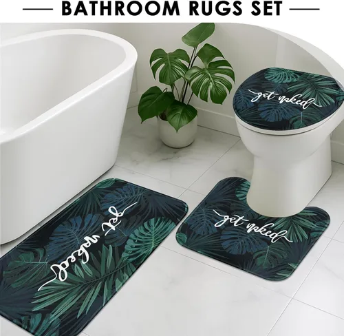Miniatura 5 de Arttown Juego de baño verde con cortina de ducha y alfombras y accesorios, Palm Tree Beach Tropical Get Naked, decoración de baño verde, 4 piezas