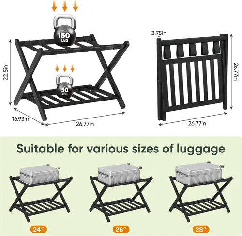 Miniatura 7 de Smart FENDEE Portaequipajes negro totalmente montado, soporte para maleta con estante para zapatos, soporte de equipaje plegable de madera