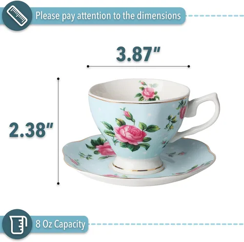 Miniatura 3 de BTaT- Juego de 2 tazas de té y platillos florales, 8 onzas, juego de tazas de té de porcelana fina con ribete dorado para té de la tarde, bodas, Azul