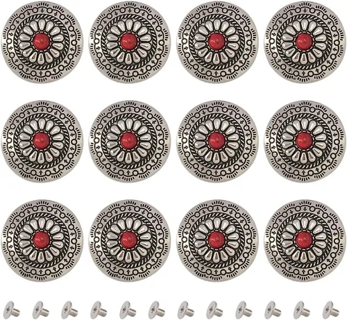 GORGECRAFT 1 caja de 12 botones de rosca de forma redonda de 1.181 in, botones de metal vintage, color rojo, turquesa, vintage, tornillos