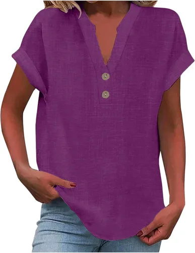 Miniatura 24 de Camisas de lino para mujer 2025 verano casual cuello en V botón abajo manga corta tops moda cómodo negocio trabajo blusas, beige (A-Beige)
