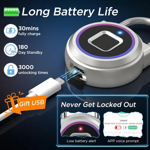Miniatura 4 de Candado de huellas dactilares, casillero de gimnasio con aplicación Bluetooth para reloj iOS, candado biométrico inteligente sin llave, impermeable