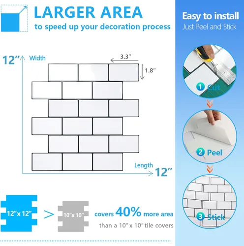 Miniatura 5 de STICKGOO - Azulejos de metro blancos para despegar y pegar, azulejos adhesivos para cocina (paquete de 1, diseño más grueso)