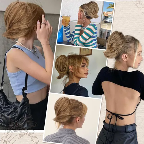Miniatura 6 de BARSDAR Extensión de cola de caballo y moño de pelo de cobre, extensiones de moño corto sintético liso elástico para mujer, moños desordenados
