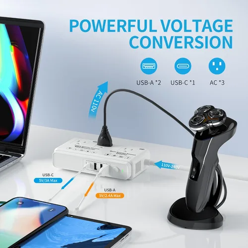 Miniatura 5 de Convertidor de voltaje de viaje de 220 V a 110 v: Convertidor de voltaje universal internacional Transformador de enchufe de regleta de alimentación