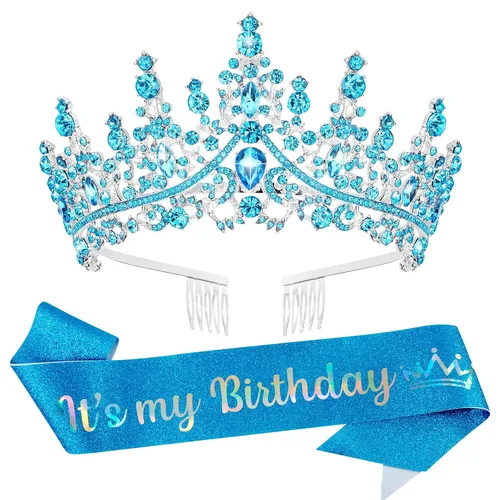 VELSCRUN Tiara de cumpleaños de cristal azul para mujeres y niñas, banda "It's My Birthday", corona de princesa reina con peines, decoraciones de
