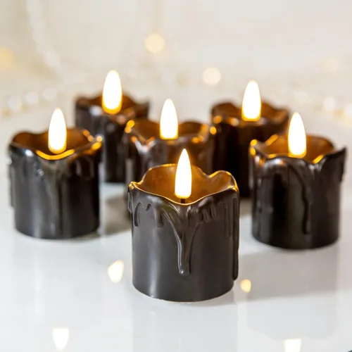 Miniatura 9 de Eywamage Velas votivas sin llama de cera de goteo naranja con pilas remotas, velas LED pequeñas de 2 x 2 pulgadas, juego de 6