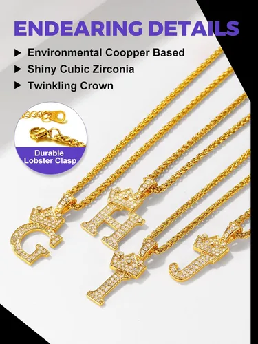 Miniatura 4 de Richsteel Collar con inicial para hombre, chapado en oro de 18 quilates, corona brillante con circonita cúbica, monograma, colgante para mujer