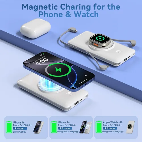 Miniatura 2 de Cargador portátil magnético de 10000 mAh para iWatch e iPhone, banco de energía inalámbrico de carga rápida USB C de 22.5W con cables integrados