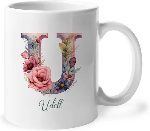 Miniatura 30 de Taza de café personalizada de la letra A del alfabeto, Taza de café blanca con nombre personalizado único, Taza inicial de monograma floral