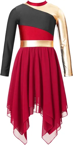 JEATHA Vestido tipo túnica asimétrica de alabanza metálica brillante de manga larga para niños y niñas, disfraz de baile contemporáneo lírico