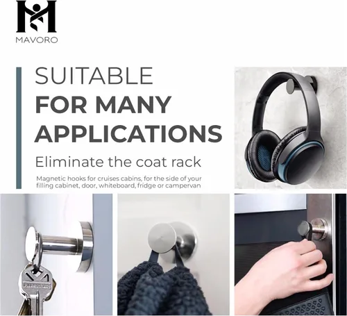 Miniatura 5 de Mavoro Ganchos magnéticos fuertes para colgar abrigos y bolsas. Juego de 2 ganchos magnéticos negros resistentes, 52 imanes de tierras raras