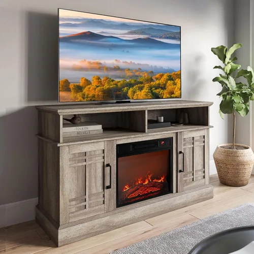 BELLEZE Mueble TV, 48 pulgadas, con chimenea eléctrica funcional de 18 pulgadas, moderno, para TV de máx. 50 pulgadas, estantes abiertos y armarios,