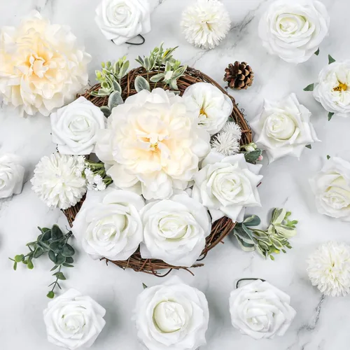 Miniatura 6 de AmyHomie - Juego de flores artificiales blancas, mezcla de seda, peonía, rosa, hortensia, margarita, con tallo, para bricolaje, centros de mesa