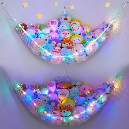Miniatura 23 de Unicorn Castle Red de animales de peluche o hamaca organizador de almacenamiento de juguetes para niños con luz LED colgante en esquina soporte