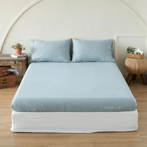 Miniatura 8 de Sábana bajera ajustable 100 % lino lavado a la piedra, color sólido (1 pieza) funda de colchón de 14 pulgadas de profundidad suave, natural y Azul