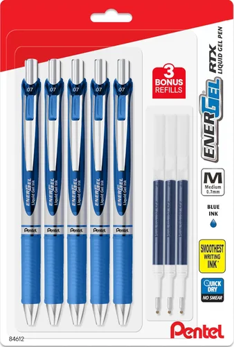 Pentel Energel - Bolígrafos de tinta de gel líquido de 0.028 in, paquete de 5 bolígrafos RTX Pentel azules de lujo con 3 recambios